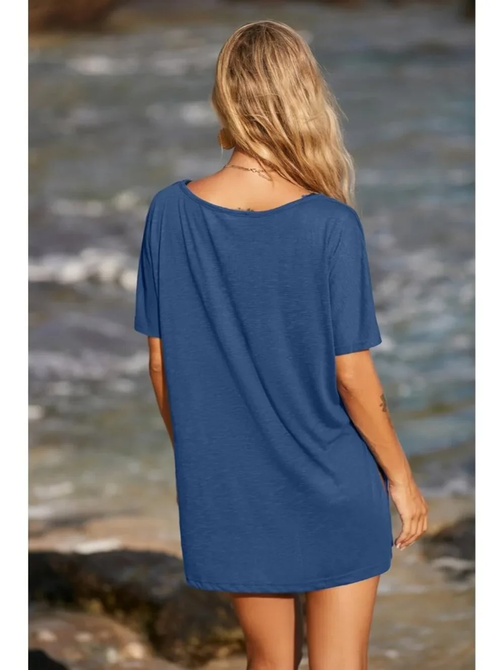 Women's Blue Hola Short Sleeve Cover Ups for Beach Bathing Suit Swimwear